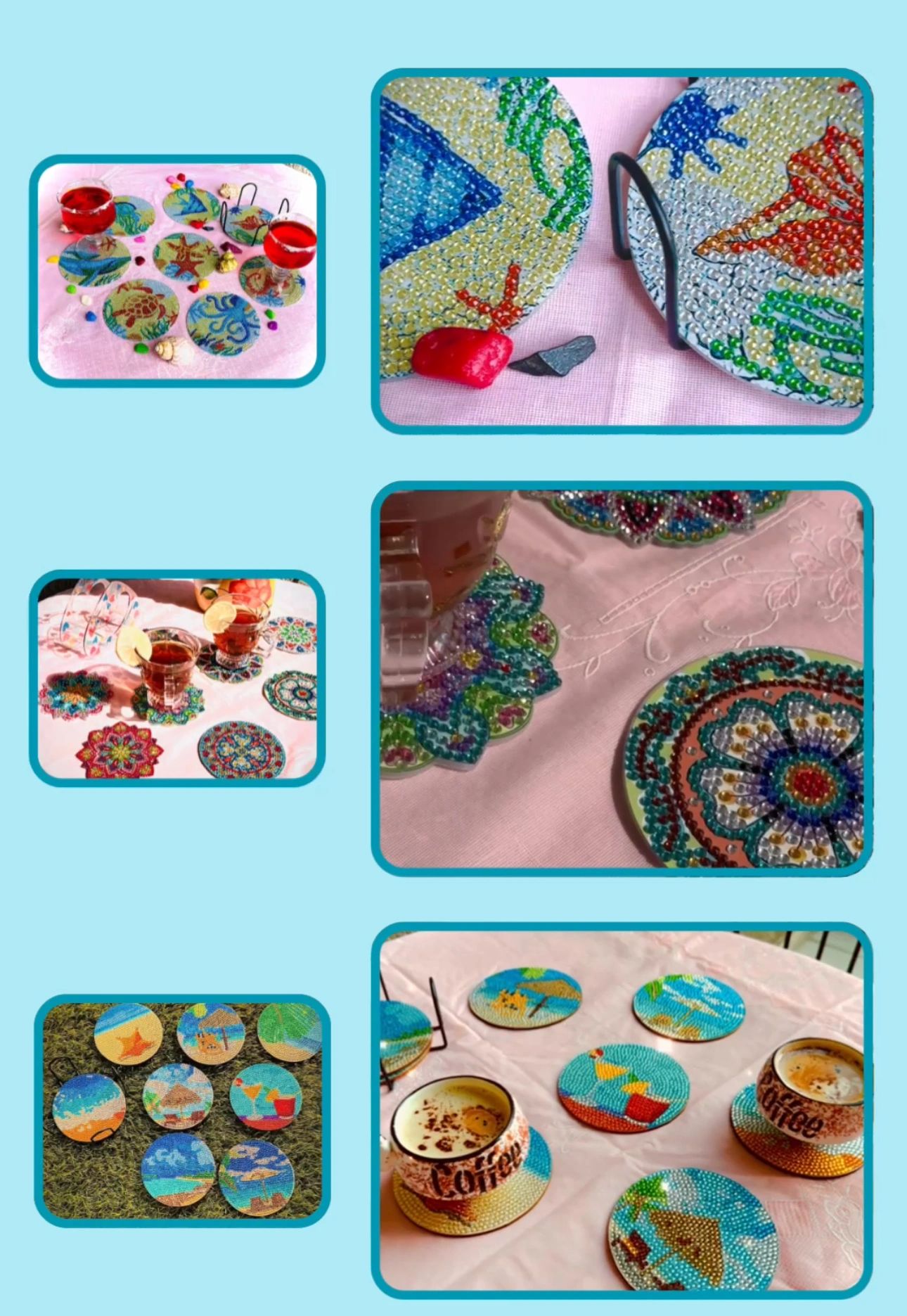 Colorful beaded coasters and cups with beach and floral designs on a pink tablecloth.