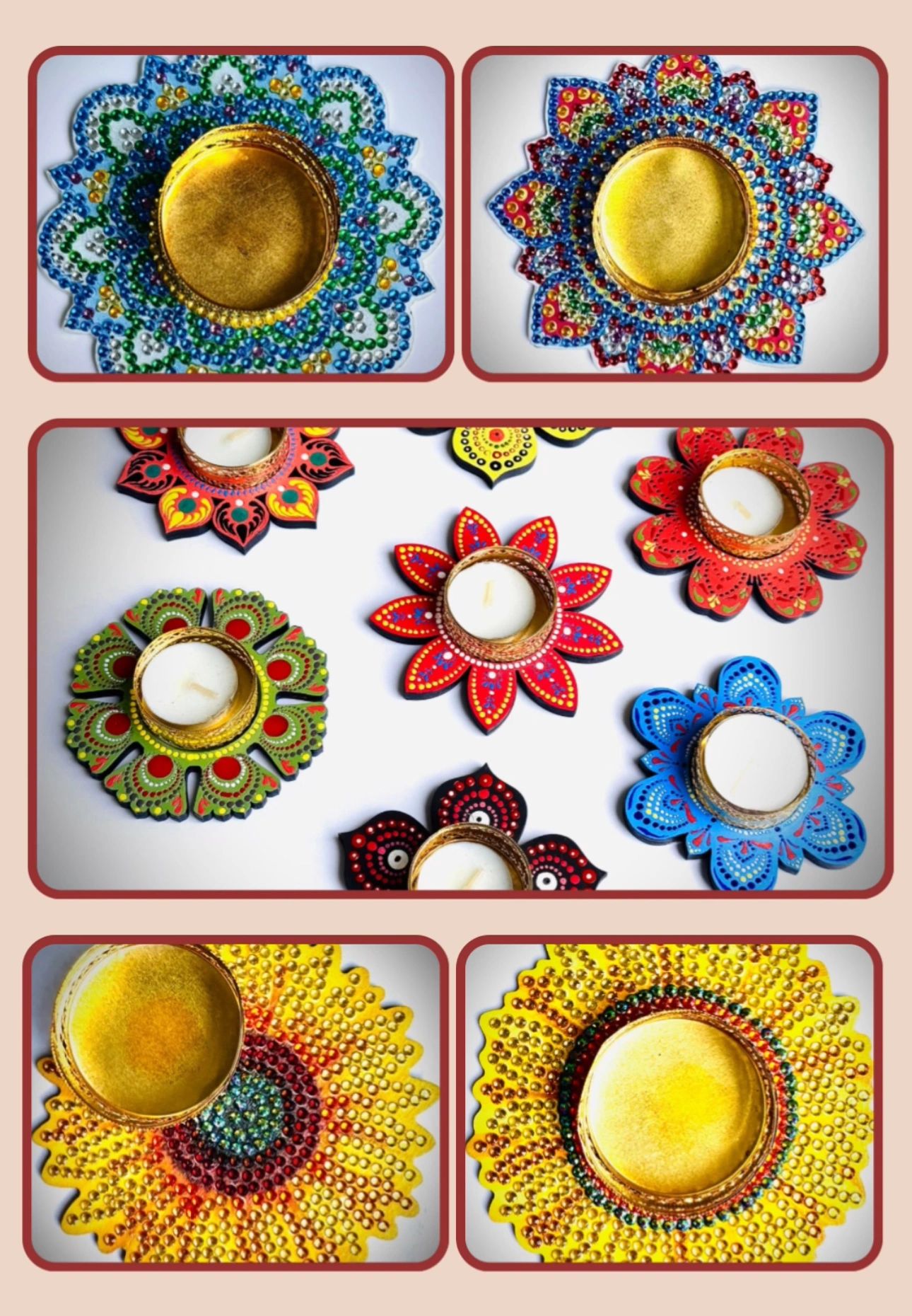 Colorful floral candle holders with intricate bead designs and tea lights.