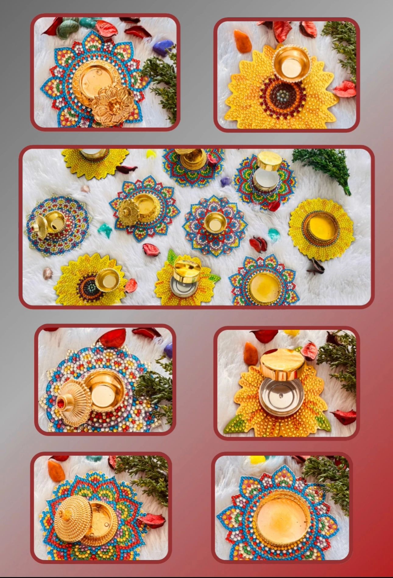 Colorful decorative trays with golden containers, perfect for festive occasions.