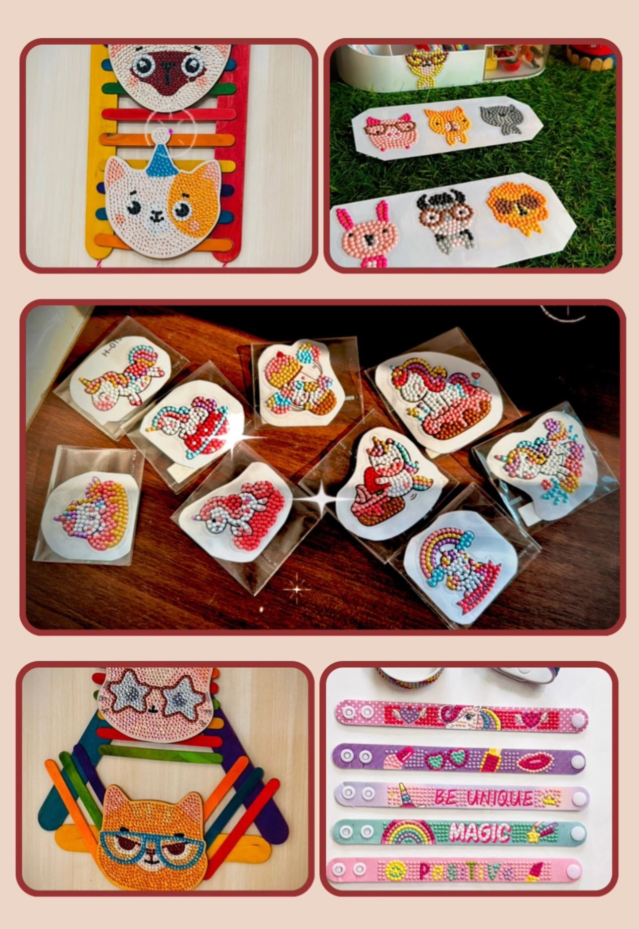 Colorful diamond painting crafts featuring animals and motivational bracelets.