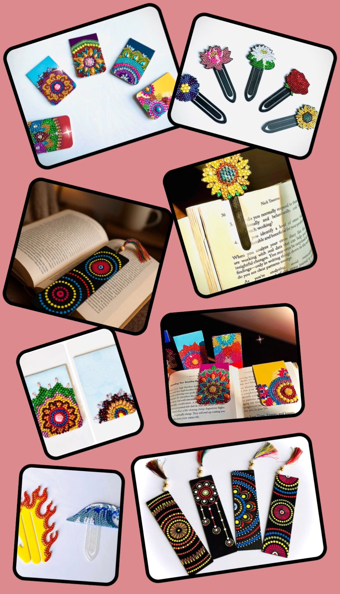 Colorful handmade bookmarks and clips with intricate beadwork and patterns.
