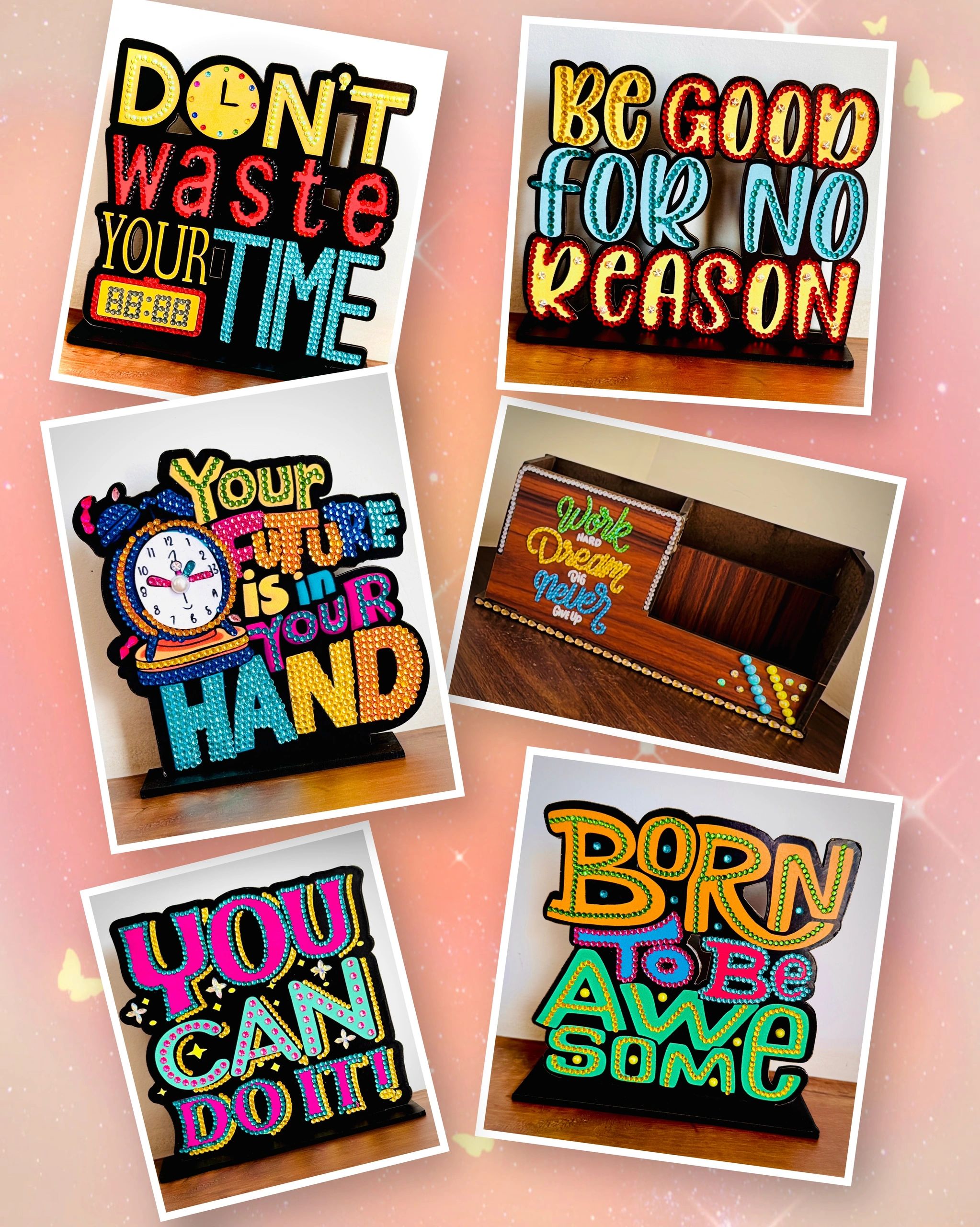 Colorful motivational signs with positive messages on a wooden surface.