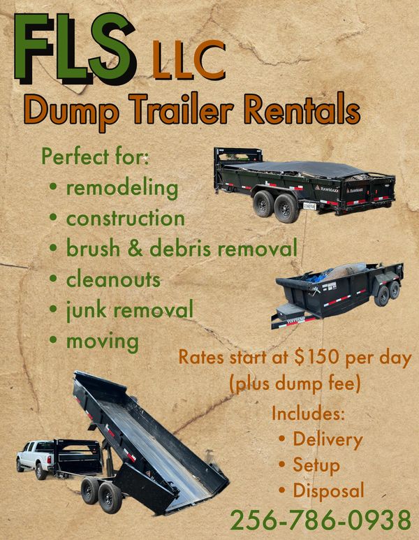 Dump trailer rental in central Alabama. Perfect for construction, remodeling, junk removal