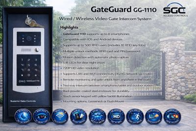 GateGuard GG-1110 video gate intercom system with keypad and camera.