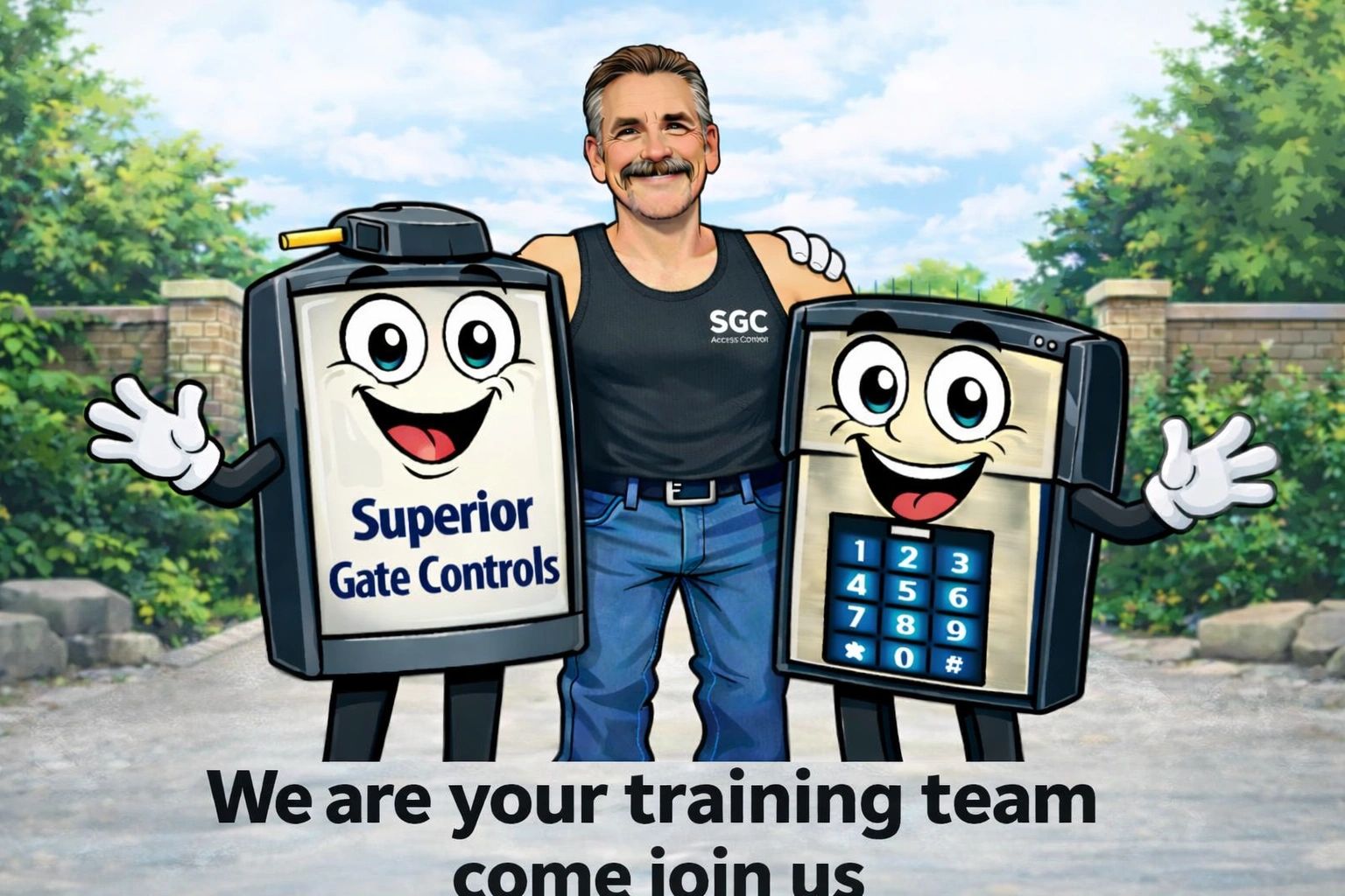 Man with two cartoon gate control devices inviting to join their training team.