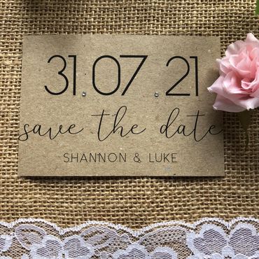 Rustic save the date card for Shannon and Luke's wedding on 31.07.21.