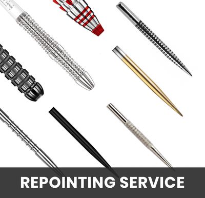 Various metal dart tips displayed above "Repointing Service" text.