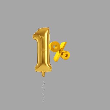 Gold balloon shaped like the number 1 with a golden percent symbol.