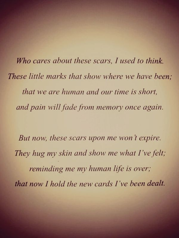 Poetic reflection on scars and human experience.