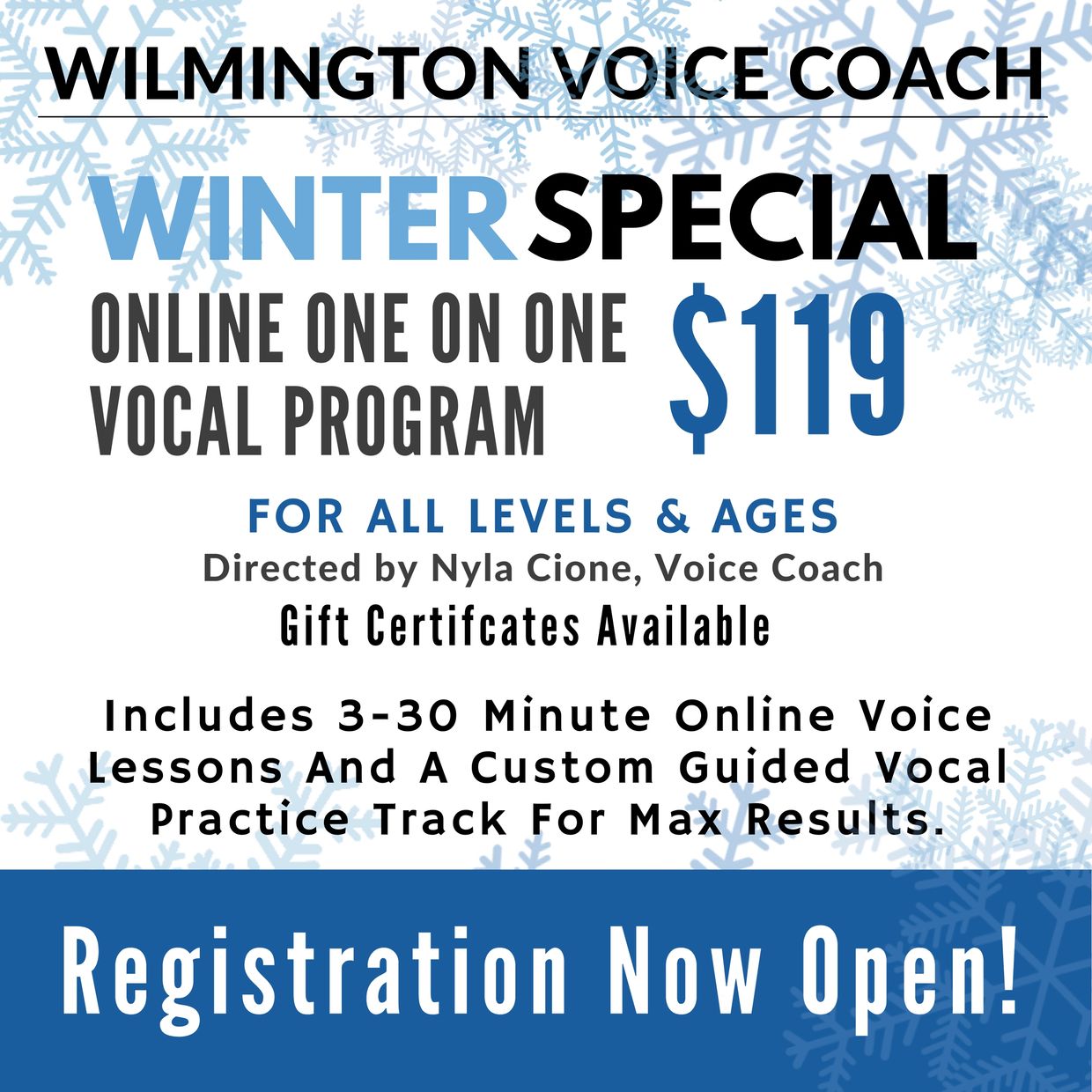 Winter Special for Online Voice Lessons for Kids and Adults, Wilmington, NC. Virtual Voice Lessons.