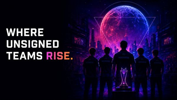 Silhouetted esports team facing a glowing moon, symbolizing rise of unsigned teams.