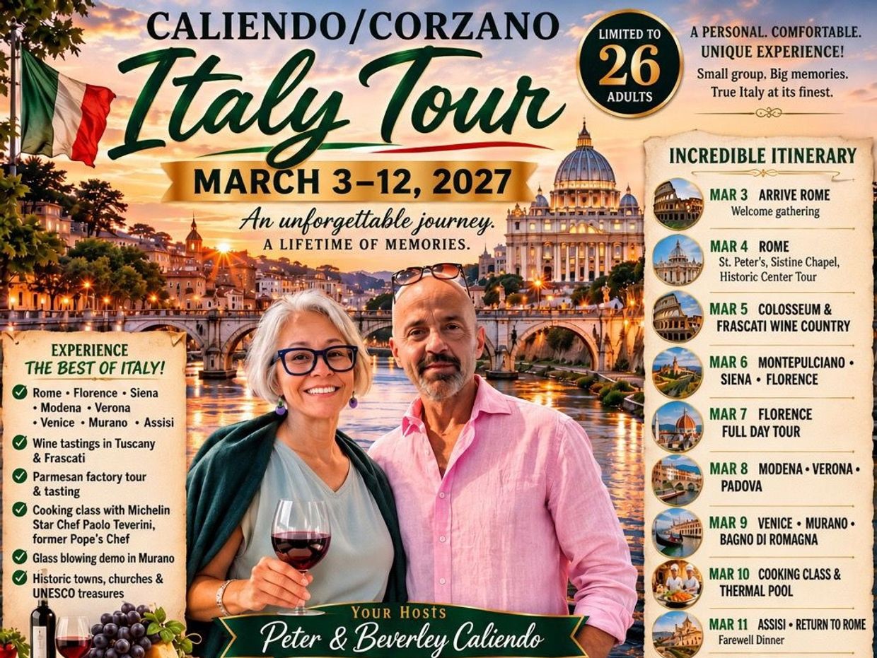 Caliendo/Corzano Italy Tour from March 3-12, 2027, limited to 26 adults.