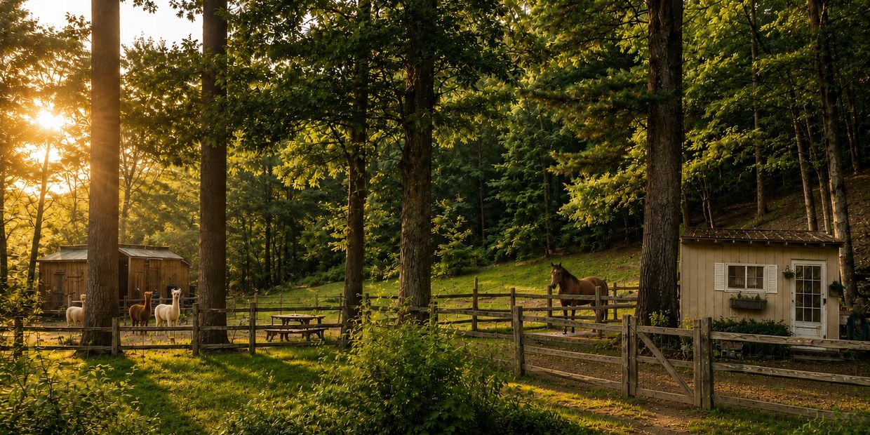 Sunset on a peaceful farm with llamas and a horse.