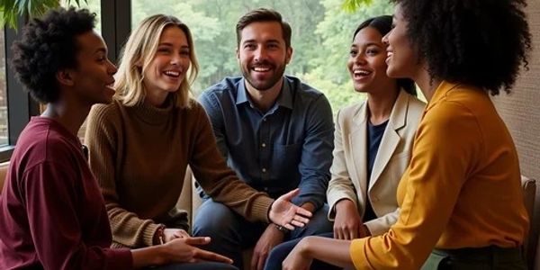 A diverse group of five people happily engaging in a conversation indoors.