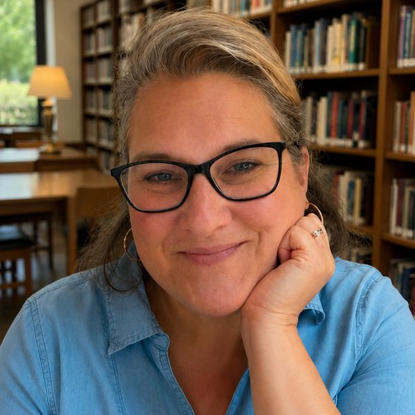 Smiling woman with glasses in a library.