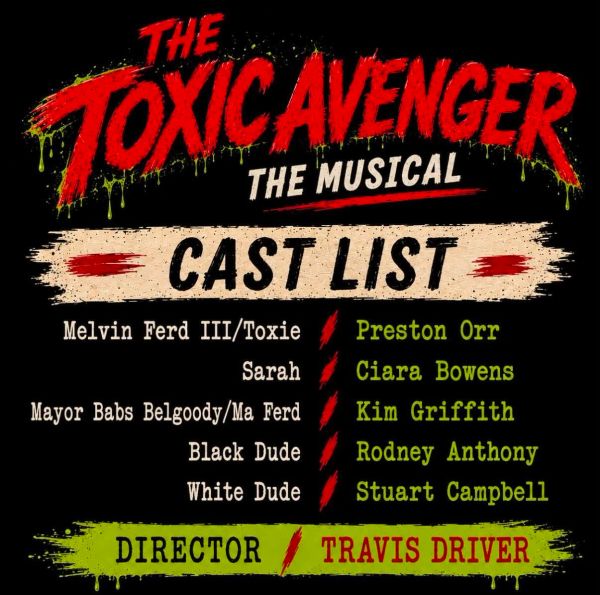 Poster for The Toxic Avenger musical cast list.