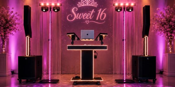 Sweet 16 party DJ setup with pink lighting.
