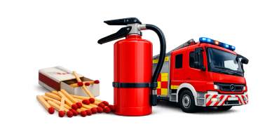 Fire extinguisher, matches, and a fire truck representing fire safety.