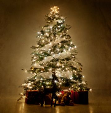 A beautifully lit Christmas tree with gifts and decorations underneath.