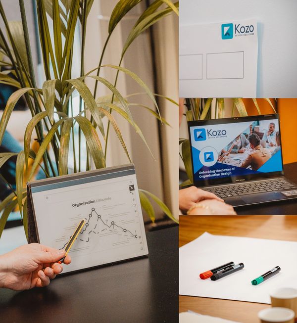 Collage showing a laptop, pens and paper, a Kozo poster, and an organisation lifecycle diagram.