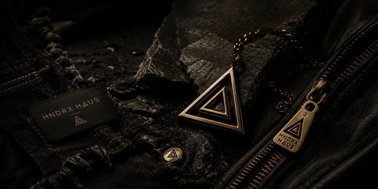 Triangular pendant and clothing zipper with HNDRX HAUS branding.