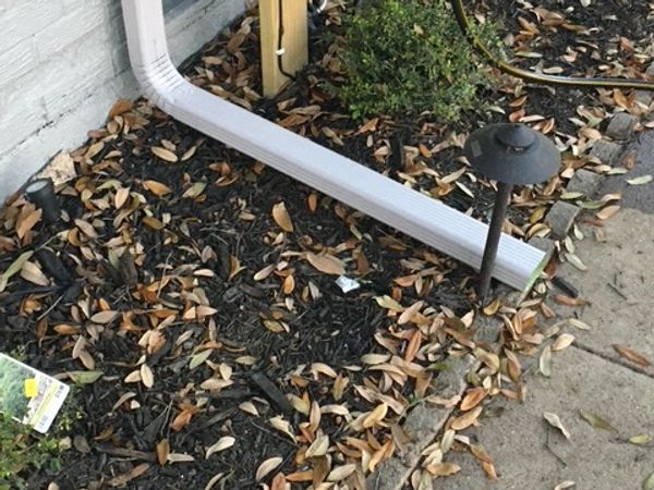 Garden area with mulch, leaves, a drainpipe, and a garden light.