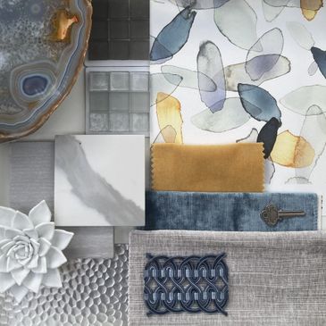 Elegant design palette with natural stone, textured fabrics, and abstract patterns.