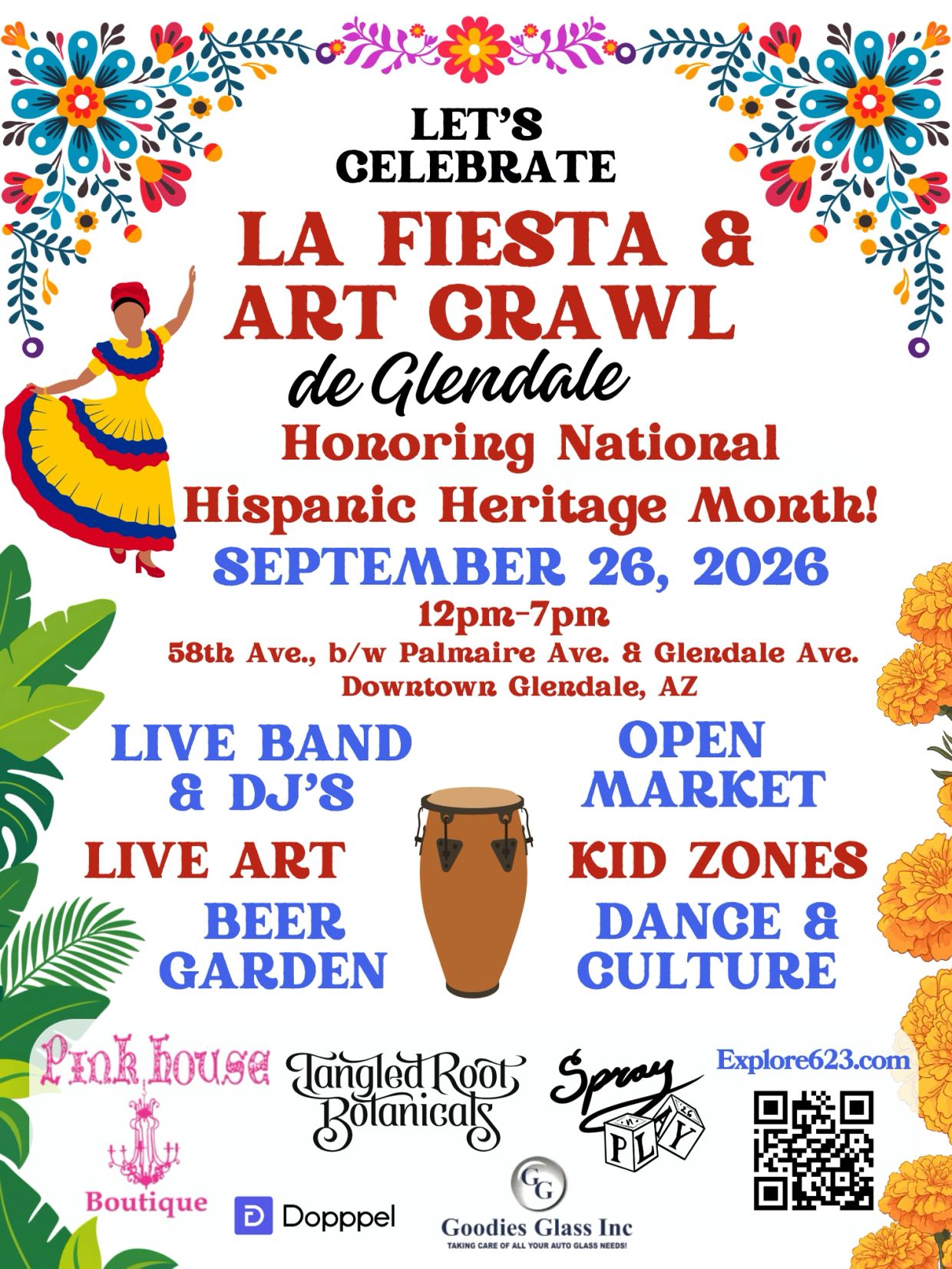 Flyer for La Fiesta &amp; Art Crawl in Glendale celebrating Hispanic Heritage Month.