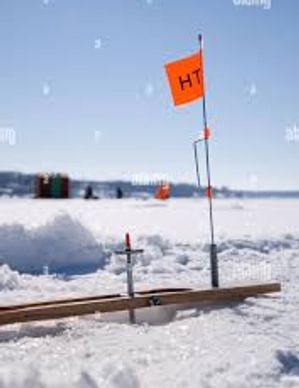 The flag is up on an ice fishing trap, signaling a fish is on. Come rent Maine Guide Outfitter shant