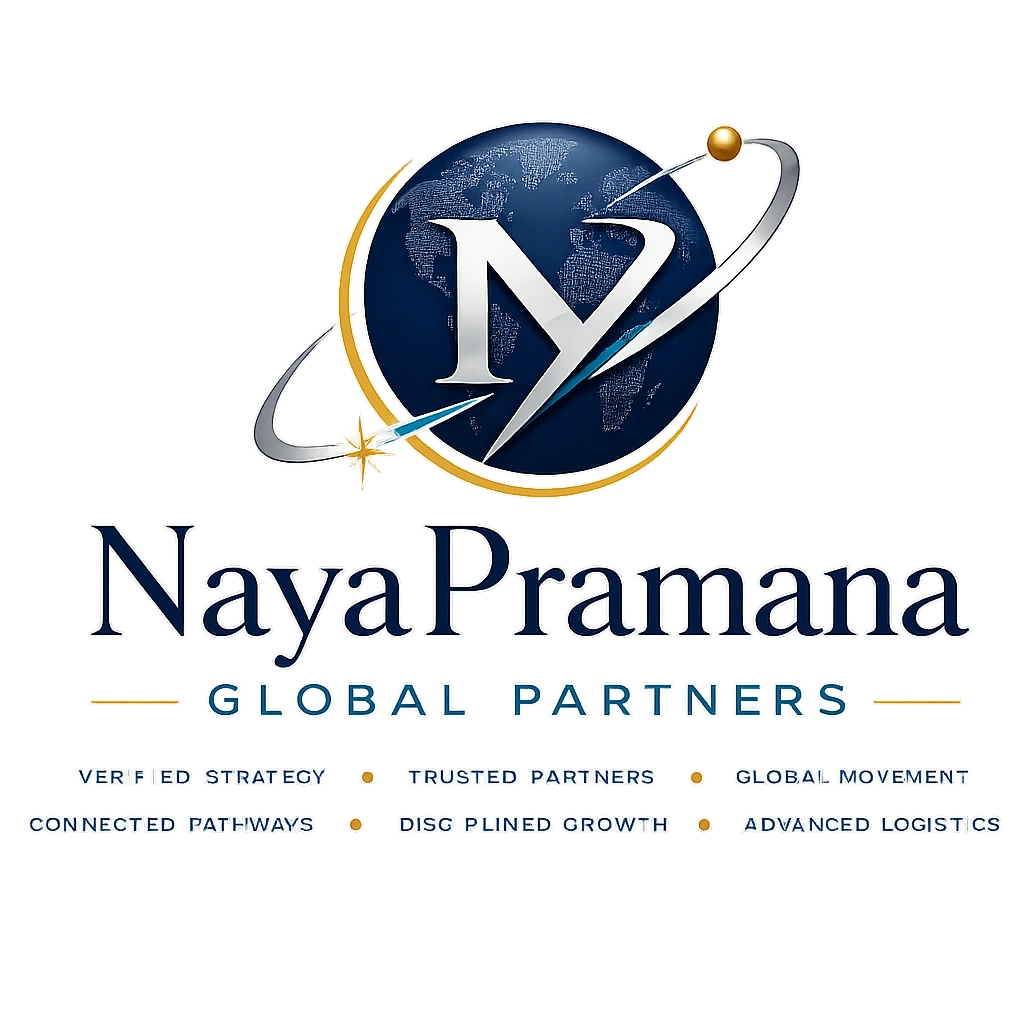 Naya Pramana Global Partners logo with a globe and orbit design.