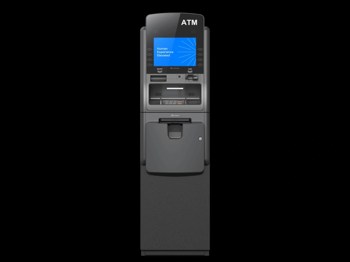 Modern ATM machine with a clear digital display and card reader.