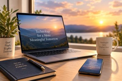Sunset workspace with laptop, phone, notebook, and coffee mug.