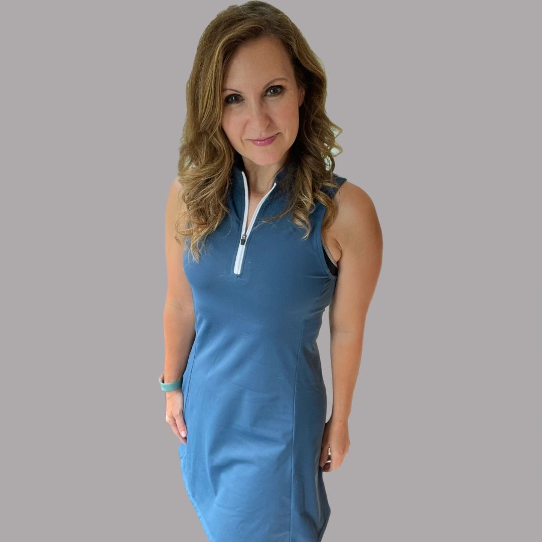 Amy Wilson in Blue Dress