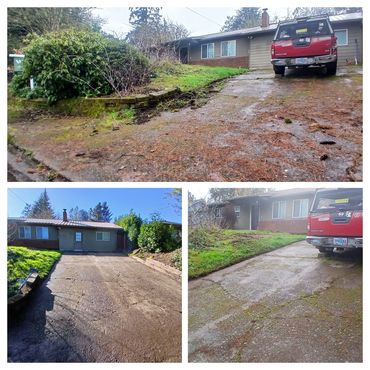 Before and after driveway cleaning and restoration on a residential property.