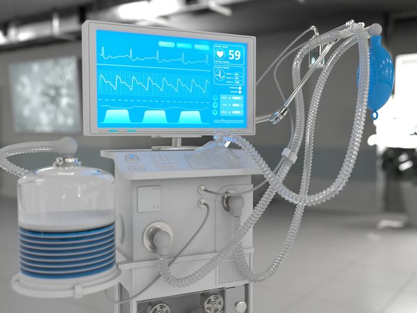 Medical 3D illustration, ICU artificial lung ventilator with fictive design in therapy hospital with