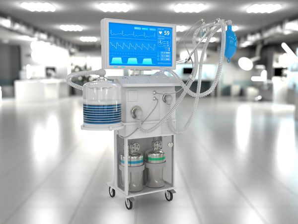 Medical 3D illustration, ICU artificial lung ventilator with fictive design in therapy hospital