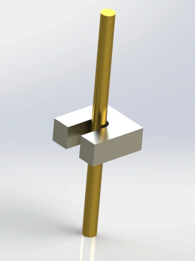 3D model of a brass rod with a silver clamp-like component attached.