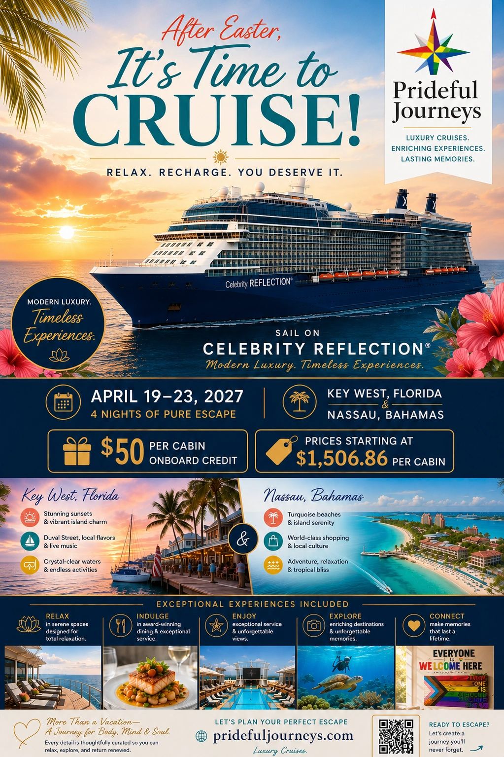 Luxury cruise on Celebrity Reflection with stops in Key West and Nassau, April 19-23, 2027.