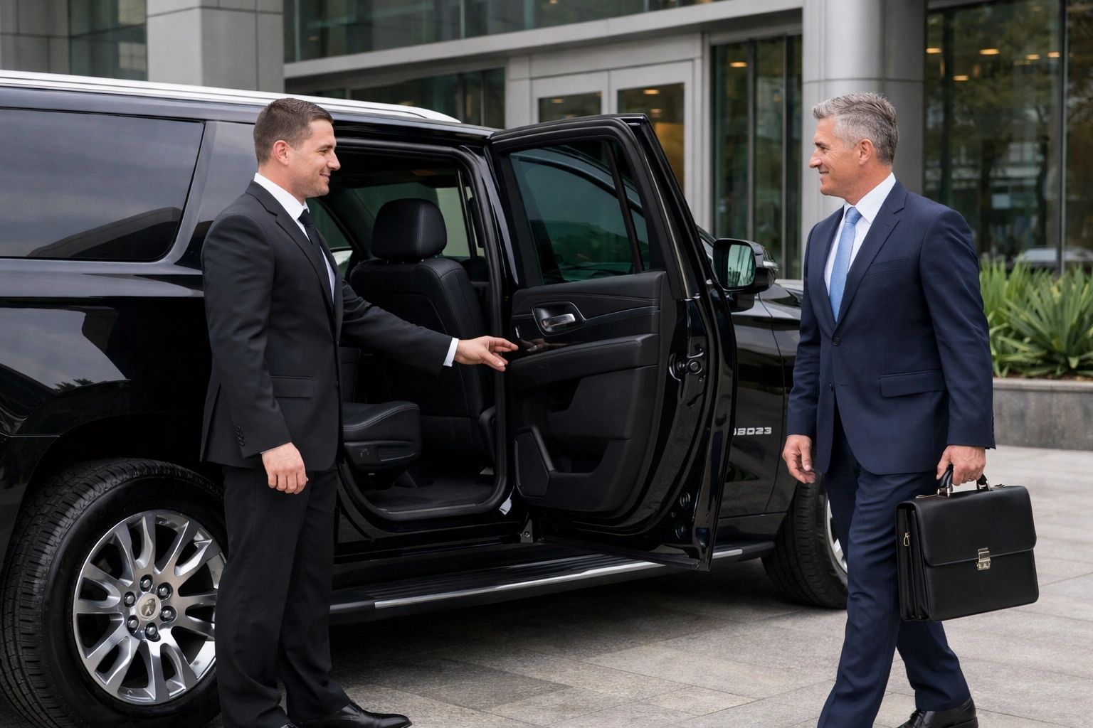 A chauffeur opens a car door for a businessman carrying a briefcase.