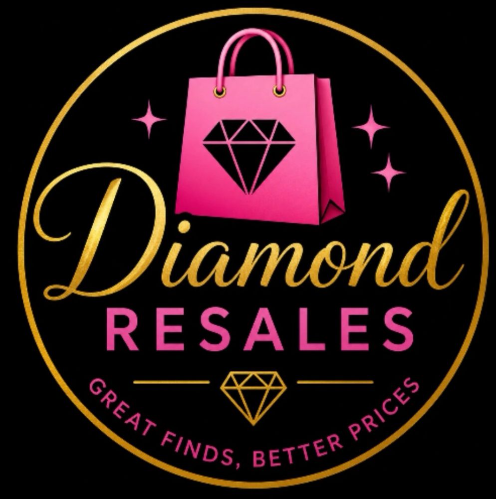 Logo for Diamond Resales with a pink shopping bag and gold text.