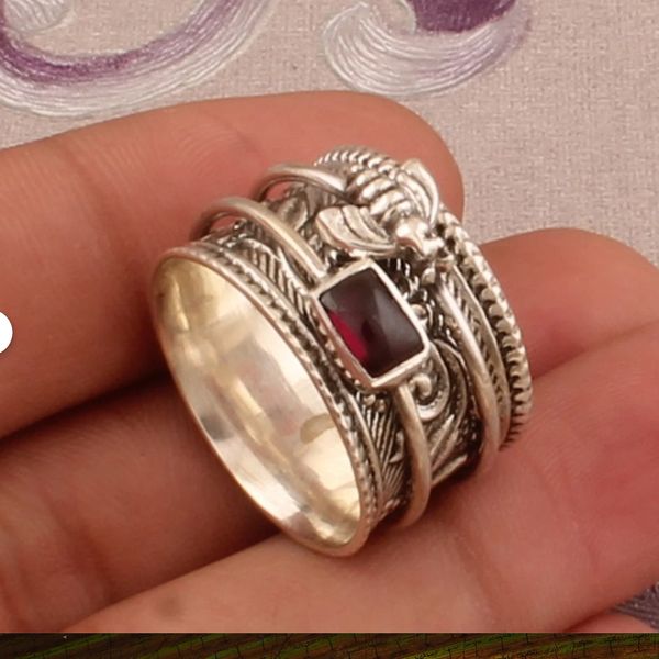 925 Solid Sterling Silver Natural Red Garnet Spinner Ring, Handmade Honey Bee Engraved Wide Band Fid