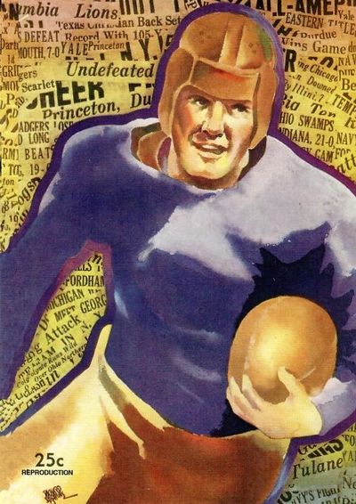Vintage football player illustration with newspaper background.