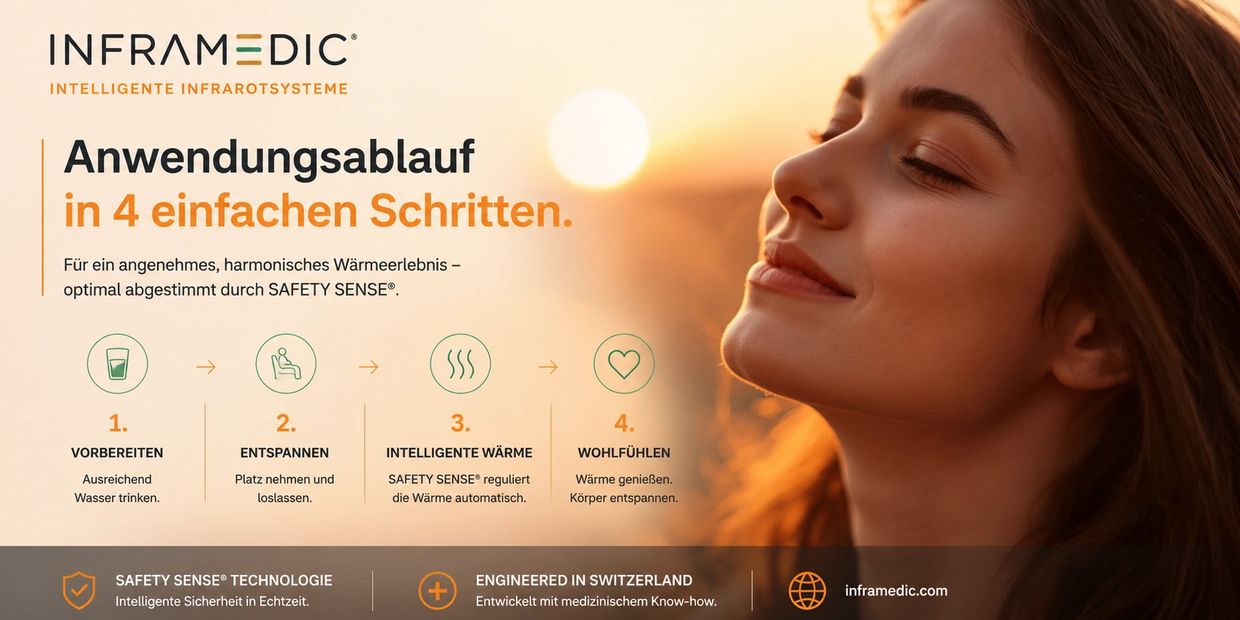 Anleitung zur Anwendung von Infrarotwärme in 4 einfachen Schritten für ein angenehmes Wärmeerlebnis.