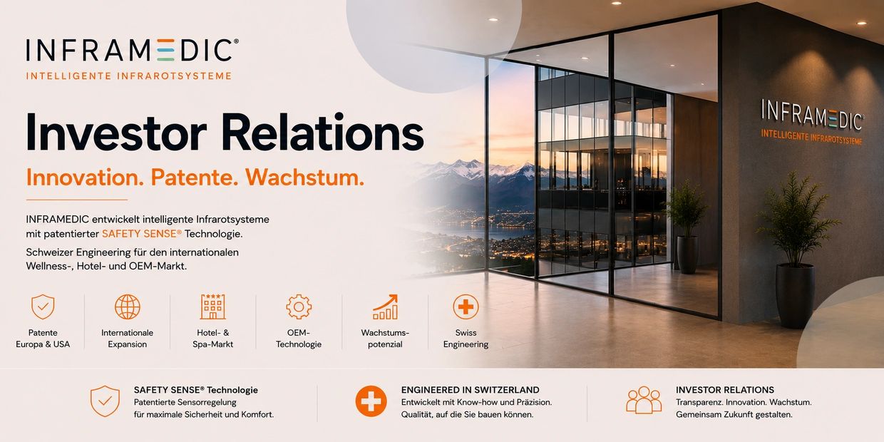 Modern office space with a scenic mountain view and INFRAMEDIC investor relations information.