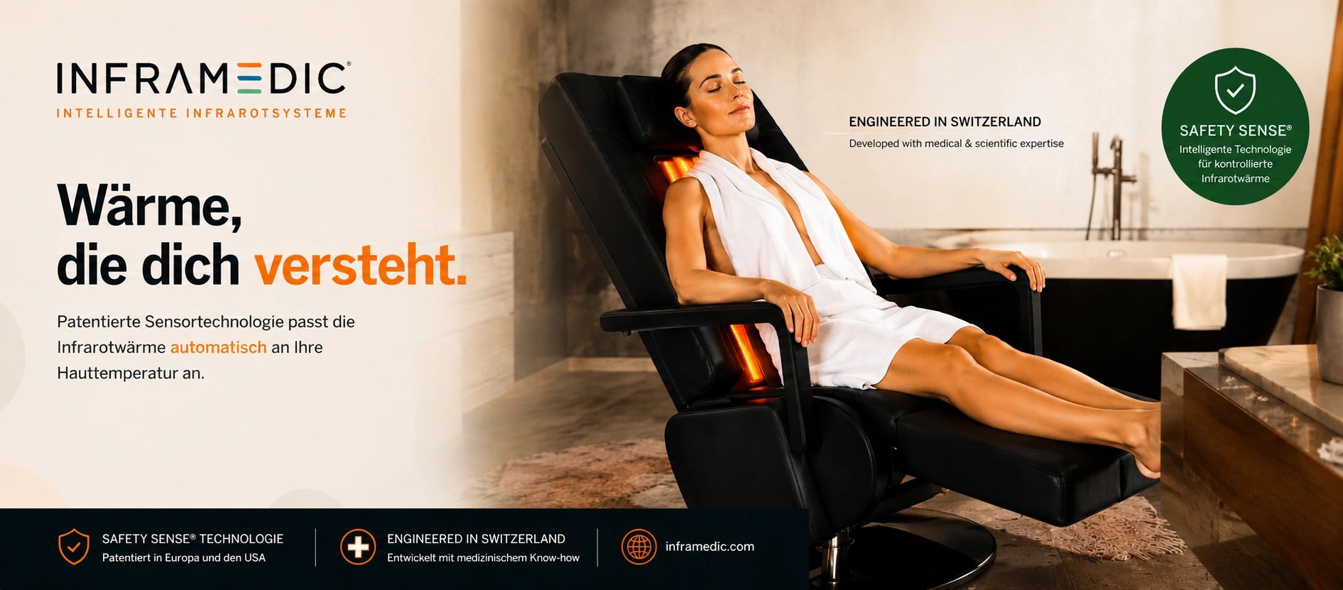 INFRAMEDIC® ONE-PREMIUM Infrarotsessel mit SAFETY SENSE® für automatisch angepasste Infrarotwärme.