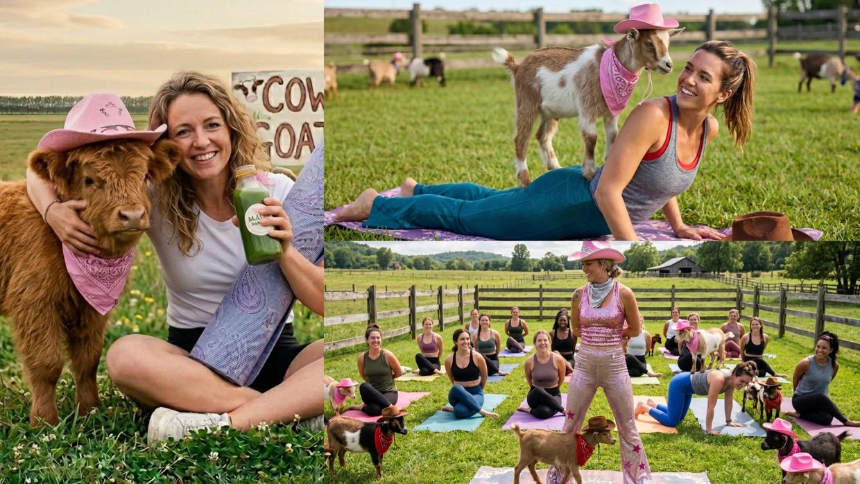 Women practicing yoga with goats on a sunny farm, goats wearing hats and bandanas.