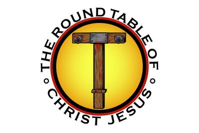 Logo featuring a T-shaped wooden cross with nails inside a yellow circle and text around it.