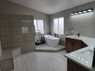 Master bathroom renovation Las Vegas -  double vanity and frameless shower enclosure by Vegas Pro Re