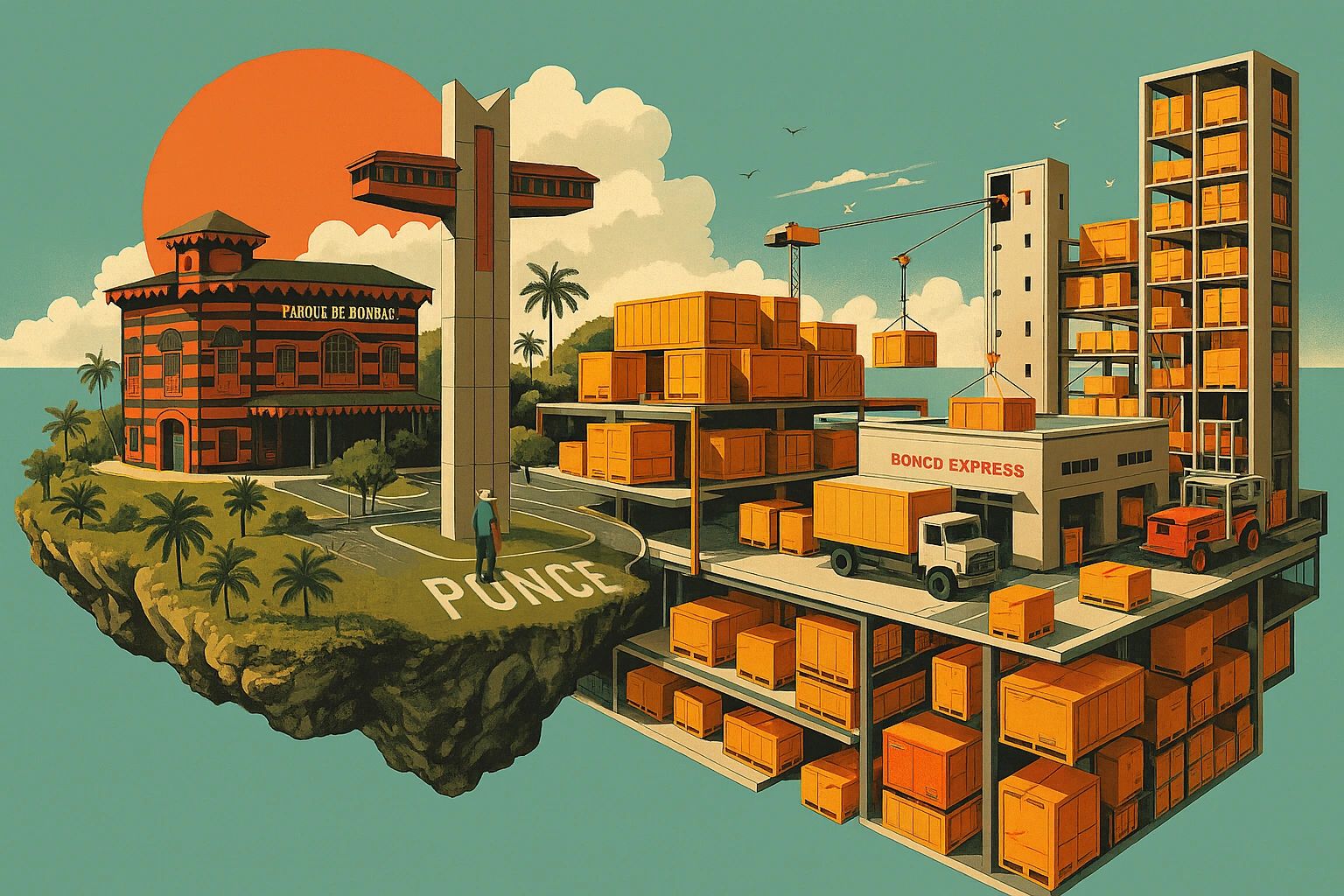 A floating island with a building, storage crates, and a delivery facility labeled BONCD EXPRESS.