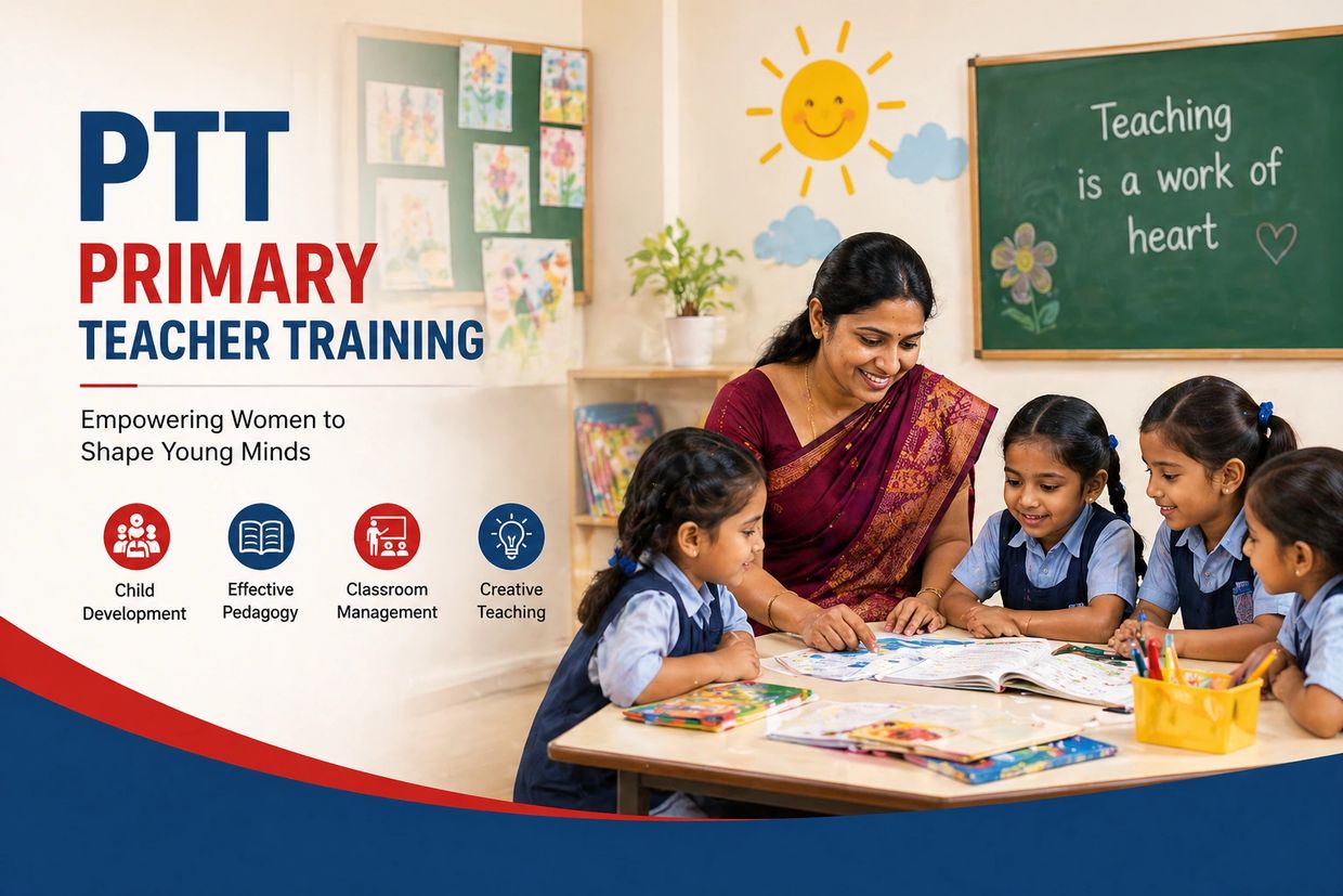 A teacher engages young students in a colorful classroom with a focus on primary teacher training.